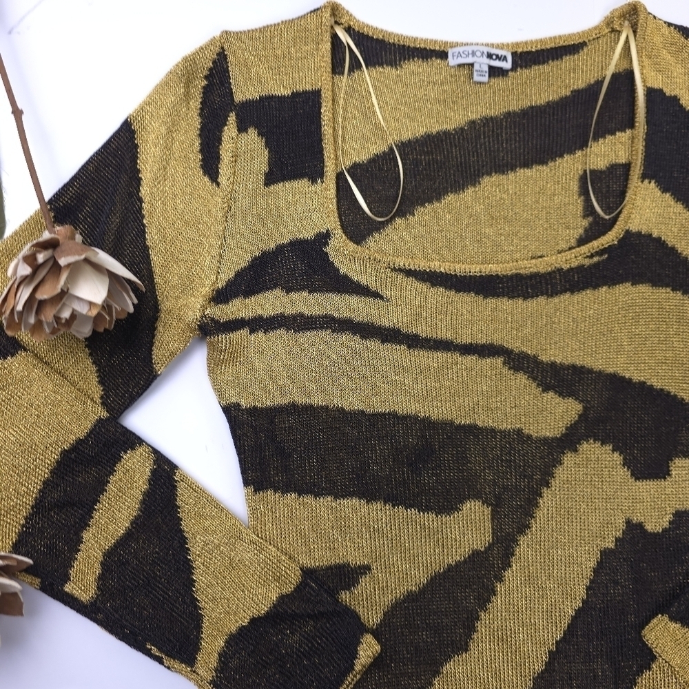 New Fashion Nova Gold and Black Metallic Zebra Patterned Dress Sz L - Picture 9 of 11